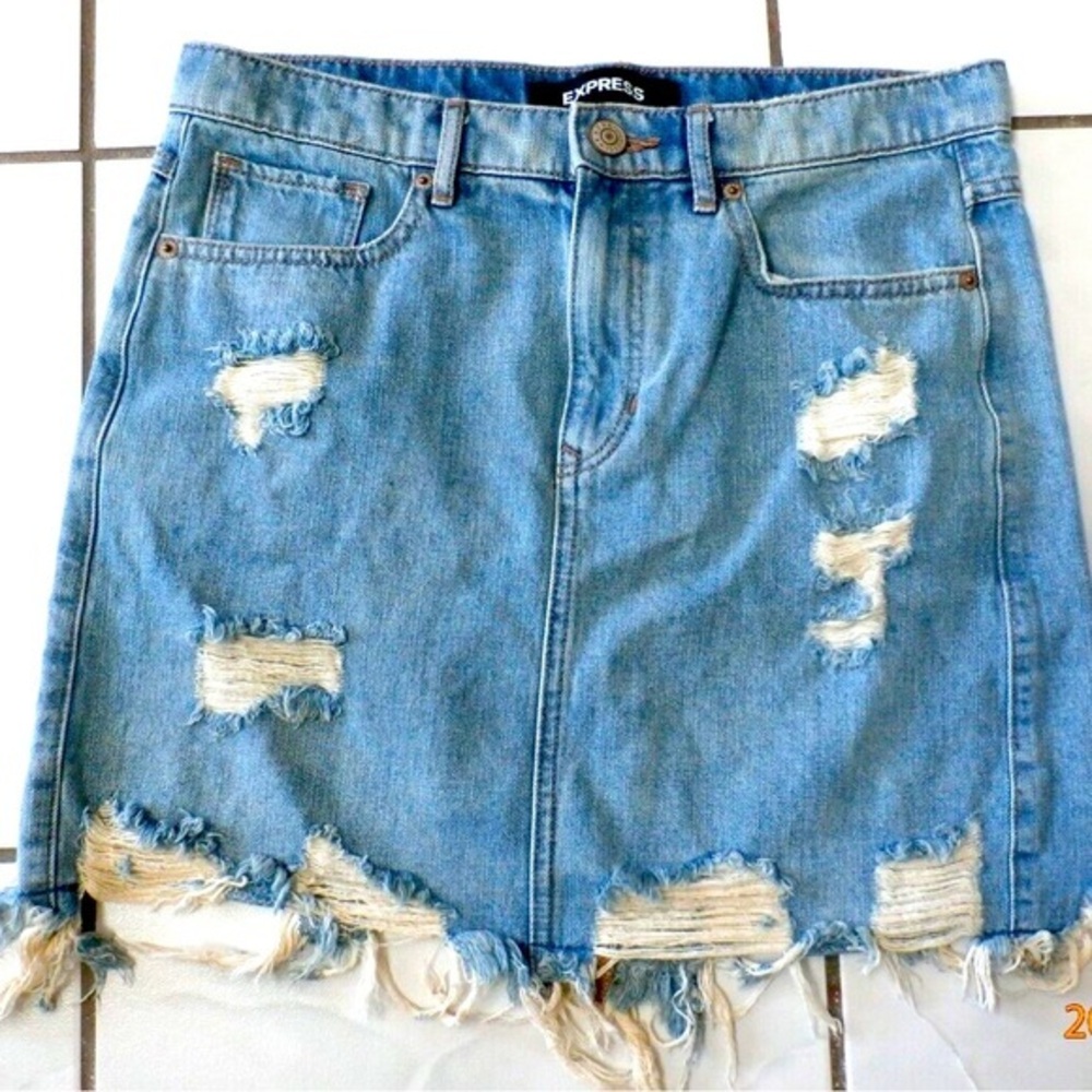 Express Light Blue Distressed Denim Mini Skirt